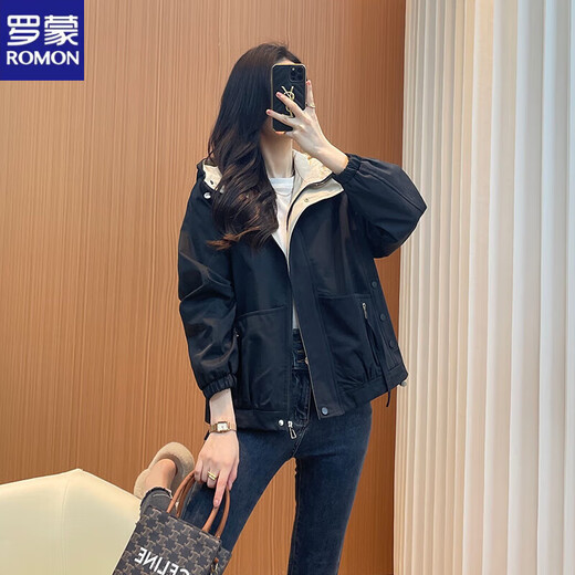 ROMON 2025 new style windbreaker jacket for women, spring and autumn style, hooded, casual, versatile, small, short, sports black, black (2321 without/velvet) M 110Jin Jin is equal to 0.5 kg within