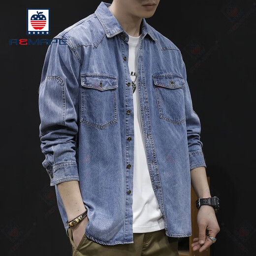 Aemape Casual Shirt Men's Spring American Shirt Men's 2025 New Jacket Men's Spring and Automne Top Top Long à manches de Denim Blue 723 Modèle M Convient pour 110-125Jin [Jin est égal à 0,5 kg]