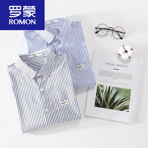 罗蒙（ROMON）男士条纹短袖衬衫日系宽松薄款上衣夏季休闲衣服潮流百搭衬衣 9738款 浅蓝条纹 M 95斤左右