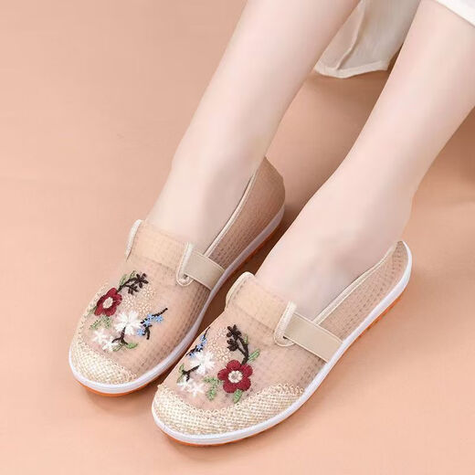 Woodpecker summer new style mesh breathable ancient style Hanfu women's shoes old Beijing cloth shoes women's mesh breathable mother's embroidered shoes off-white 37