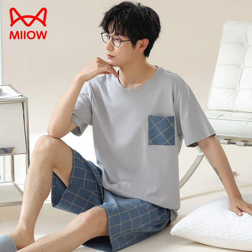 
Cat Man (MiiOW) Summer Men's Pajamas Imitation Cotton Pull-up Short Sleeve Shorts Casual Large Size Teenagers Can Wear Thin Home Clothing Men A3523 L