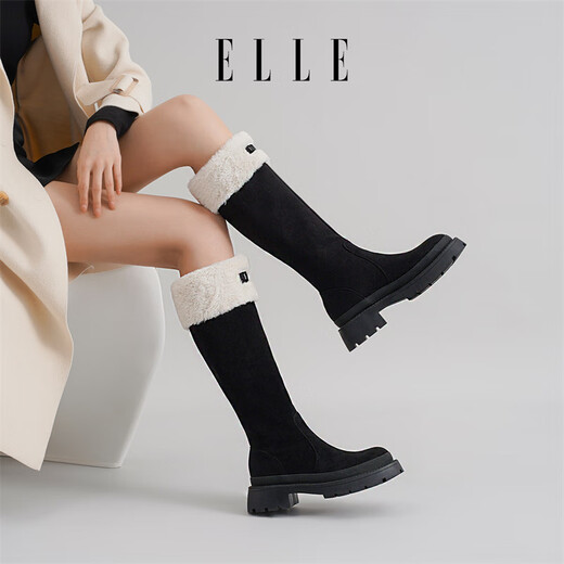 ELLE长靴女靴新款加绒加厚靴子女拼接磨砂长筒靴女两穿雪地靴 黑色 跟高4CM 35 (225mm) 标准码