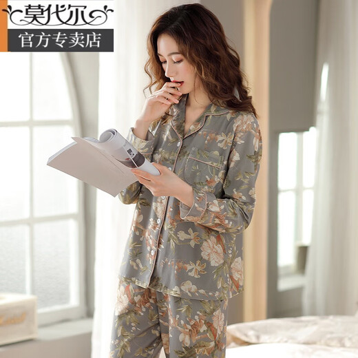 Modal Pyjamas für Frauen im Frühjahr und Herbst Pure Cotton Long Sleeve Herbst Herbst in voller Größe Baumwolle große Mutter mittleren Alters mit mittleren Frühlings- und Sommer-Home-Kleidung C9272 Bohnenpulver Katze M (Empfohlen 80-100 Jin [Jin gleich 0,5 kg]))