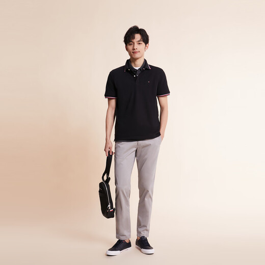 Tommy Hilfiger [atmungsaktiv und bequem] Frühlings- und Sommer-Herren-Perle Mesh Grenze Kurzarm T-Shirt Poloj9195 Black Beg xs