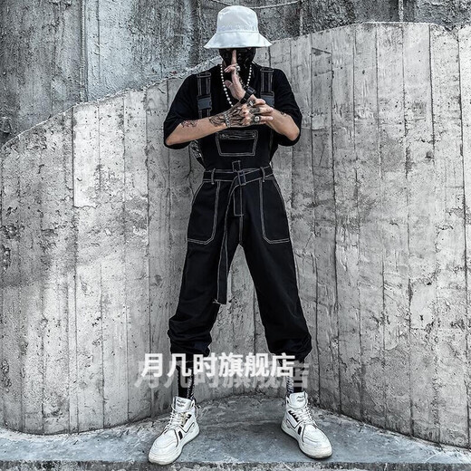 歌鹏背带裤男宽松机能风背带裤男士工作服男束脚套装九分裤子 M 黑色