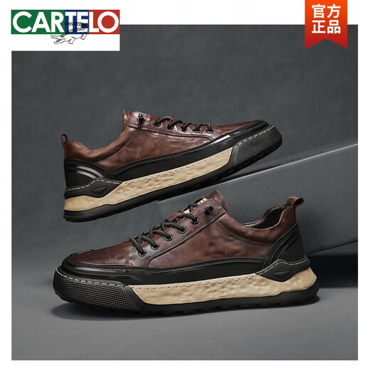 卡帝乐鳄鱼（CARTELO）鞋子男秋天新款低帮皮面透气轻便板鞋男士春秋季休闲运动工装鞋潮 L1392黑色 42