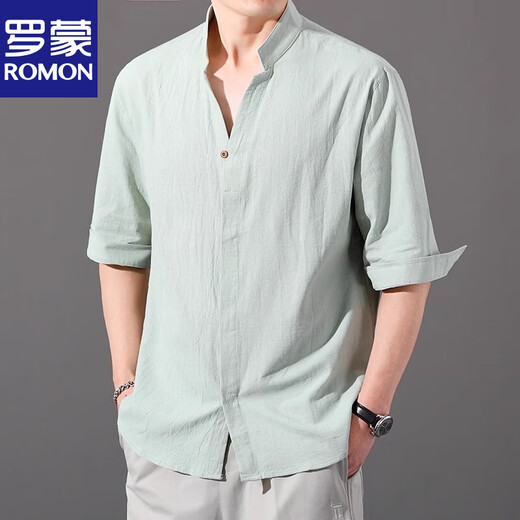 
Lomon Chinese style cotton linen men's T-shirt with seven-quarter sleeves pure cotton linen simple stand collar short-sleeved men's shirt 8K02 military green mid-sleeved 4XL (165-180Jin[Jin equals 0.5 kg])