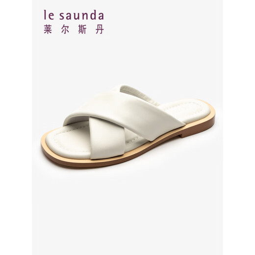 
Le saunda (le saunda) [soft bread] summer new genuine leather flat solid color sheepskin wears one-line sandals women's shoes 12801 white WTK 35