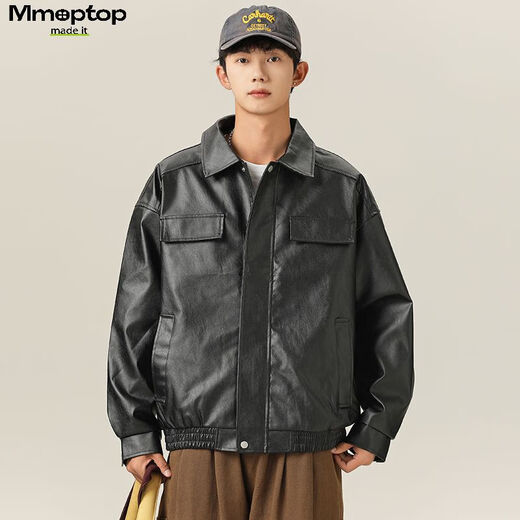 MMOPTOP潮牌美式鳄鱼纹PU皮衣外套男士春秋季翻领机车夹克YH26 黑色 XL