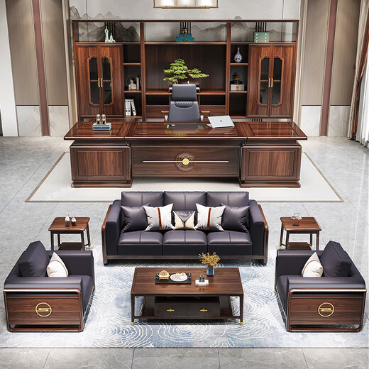 Three Furniture Black Gold Boss Desk Office Desk and Chair New Chinese Style Solid Wood President's Table Chairman's Office Executive Desk Furniture 3.6 Meter Boss Desk (Black Gold)