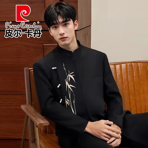 Pierre Cardin New Chinese Style Light Luxurious Bamboo Embroidered Suit Suit Men's Handsome Groom Wedding Engagement Dress Suit Knitted Black Two-piece Set Top + Pants M