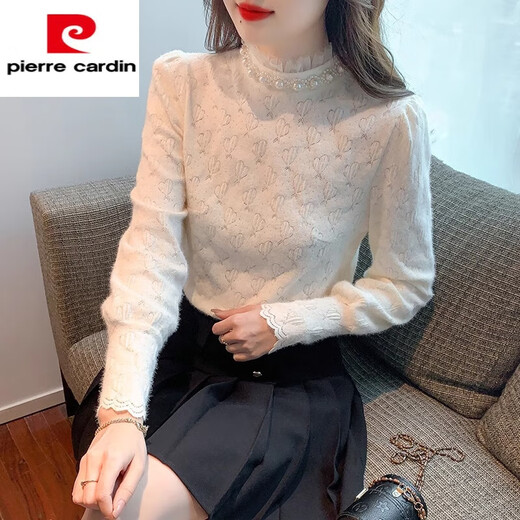 Pierre Cardin Half Turtle Collar Velvet Lace Bottoming Shirt Women's Autumn 2025 Autumn and Winter New Slim Inner Top Western Style Small Shirt Apricot Regular S 80-95Jin Jin is equal to 0.5 kg