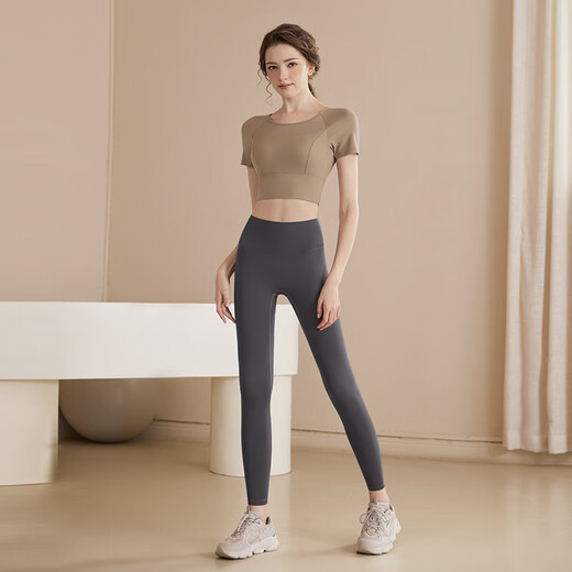 LULU CENTURY yoga clothes for women, breathable quick-drying short-sleeved tops, summer running sports, Pilates training, fitness dance clothes for women, gray brown trousers M (100-115Jin Jin equals 0.5kg)