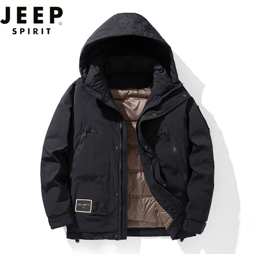 JEEP SPIRIT羽绒冲锋衣男冬季加绒加厚户外棉服时尚休闲服时尚大口袋夹克外套 9871黑色 L（110-130斤）