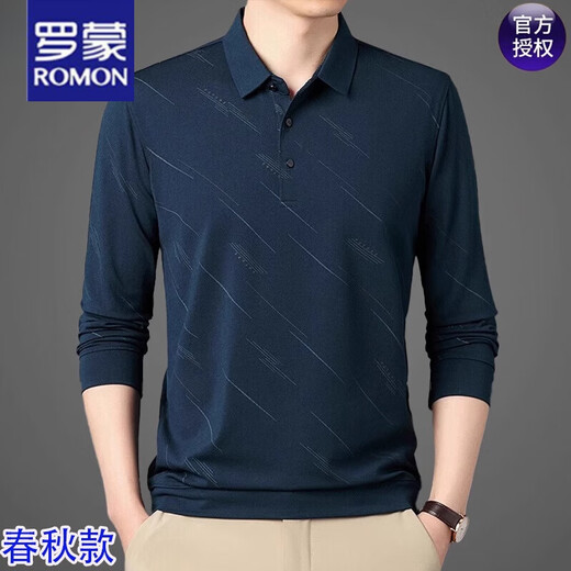 Romon-T-Shirt Langarmer Männer 2025 Frühling und Herbst neuer Stil mittleren Alters im mittleren Alter Casual Herren Kleidung reguläre Daddy T-Shirt Polo Shirt Navy 826 L 170 Vorschläge [120-140jin [Jin gleich 0,5 kg]]]