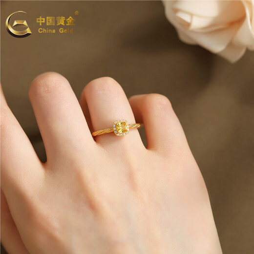 中国黄金小方糖黄金戒指活口女金戒指求婚自戴戒指七夕情人节礼物送老婆 约1.4-1.5g【证书+玫瑰礼盒】