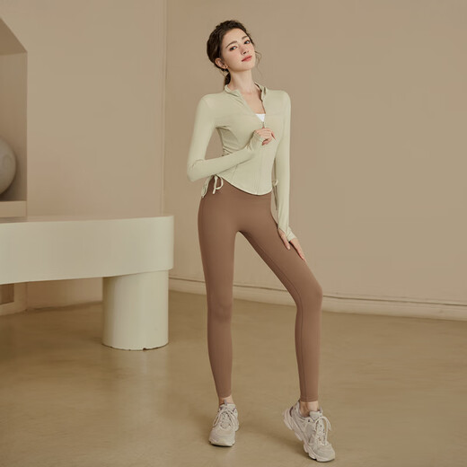 New zipper yoga clothing jacket sports top fitness long-sleeved Pilates training clothing set khaki jacket S S