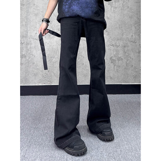 POUM jean micro-chargé pour hommes au printemps, automne et hiver nouveau style américain haute rue beau design simple pantalon long mince TYFS-Y9207 noir S