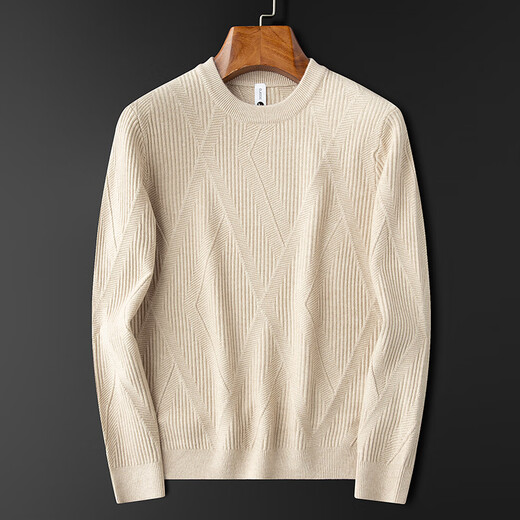 PRIDEME Light Luxury Winter Thickened Warm Cotton Wool Sweater Men's Long Sleeve Slim Jacquard Pattern Round Neck Knitted Sweater Men's Top PG9901-Apricot L Weight recommendation 120-130Jin Jin equals 0.5 kg