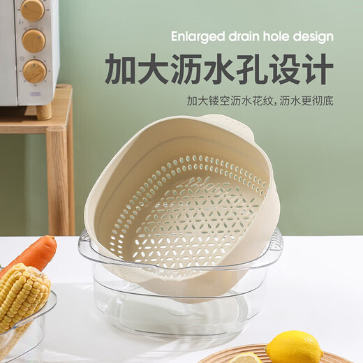 MAXCOOK vegetable washing basket, drain basket, plastic double-layered vegetable sink, sieve basin, drain basket, 1 basin, 1 sieve, gray white MCPJ7729