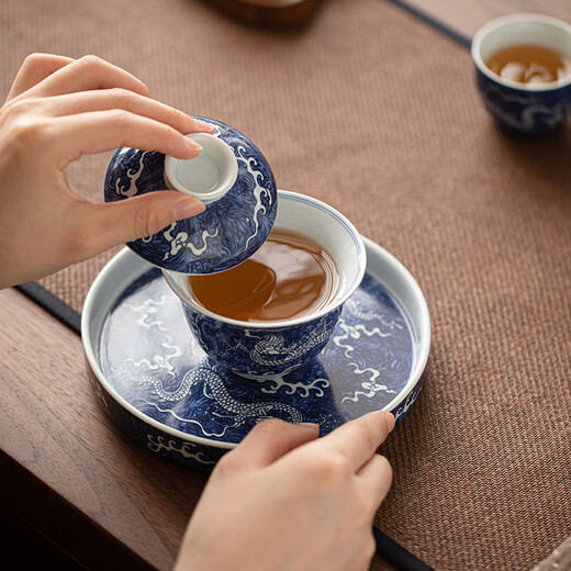 SUSHI CERAMICS National Trend Blue and White Tea Set Xianglong Cover Bowl Master Cup Teacup Kung Fu Tea Set