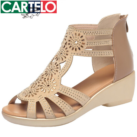 CARTELO leather Roman sandals 2025 new summer rhinestone thick heel medium heel hollow fish mouth shoes women's low heel mother shoes 96906 black thick heel style 38