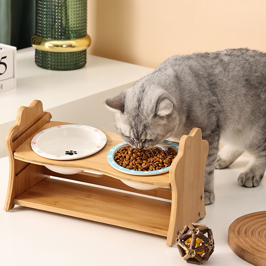 CLCEY ceramic cat bowl shelf protects cervical spine, prevents black chin, small dog, non-slip, anti-knockover, Teddy height-adjustable dog bowl, small fish bowl + single bowl shelf