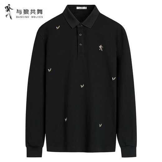 Dances with Wolves Scattered Embroidery Autumn and Winter Stretch Soft Casual Long Sleeve POLO Shirt for Men 001 Black 185