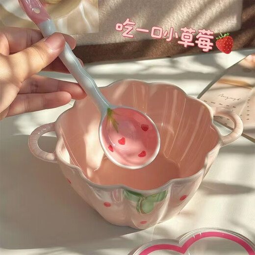 Persson double-ear ceramic bowl with spoon set soup bowl noodle bowl high-looking breakfast bowl Strawberry Duoduo 6-inch bowl with spoon