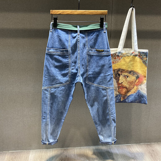 Beihai 2 Lane Spleiß dreidimensionale große Taschenarbeit Jeans für Herren Sommer dünne lose neun-Punkte-konisch-Radieschen Harem Hose Slim Blue 31 (130-140jin [Jin gleich 0,5 kg]))