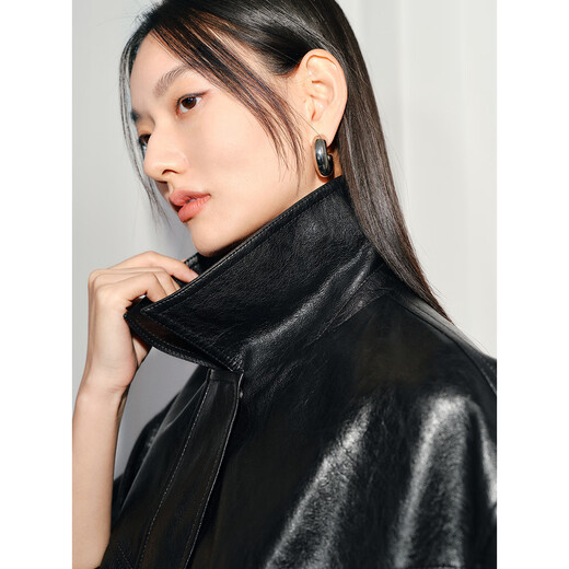 太平鸟女装短外套仿手搓油蜡皮PU皮衣外套女春装宽松夹克 黑色 L