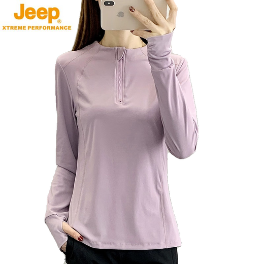 JEEP SPIRIT sports quick-drying t-shirt women's long-sleeved slim half-zip fitness yoga wear Pilates outdoor running hiking top blue L