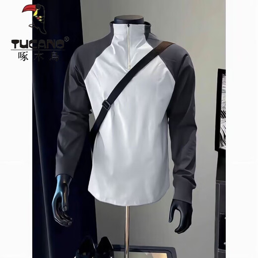 Woodpecker (TUCANO) Gym Training Wear Long Sleeve Men's Tight Elastic Half-Zip Sports Running Basketball Cycling Wear Navy Blue 2XL