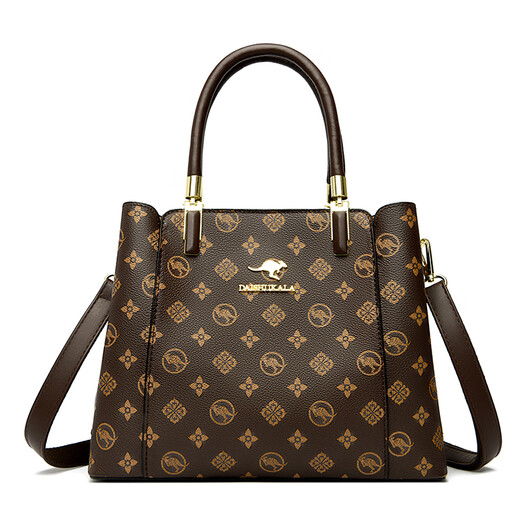 Kangaroo Kara brand genuine leather women's bag 2025 new style stylish middle-aged handbag for wife, fashionable and versatile crossbody bag, brown (gift box + hand bag + card holder)