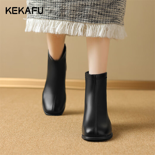 Kekafu schwarze Kurzstiefel Frauenstiefel 2024 Frühlingsmode dicke Absatzstiefel Frauen Mode Chelsea Französische Nacktstiefel Frauen Schwarze Absatzhöhe: 4,8 cm 38