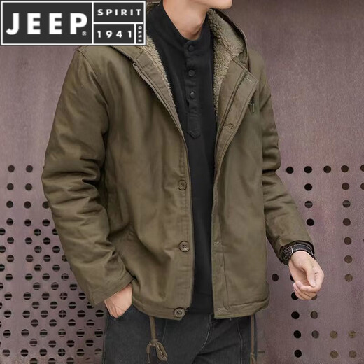 JEEP SPIRIT羊羔绒外套男短款宽松保暖连帽工装棉服休闲冬季加绒加厚棉衣夹克 卡其色【高品质】 XL 建议【130-150斤】