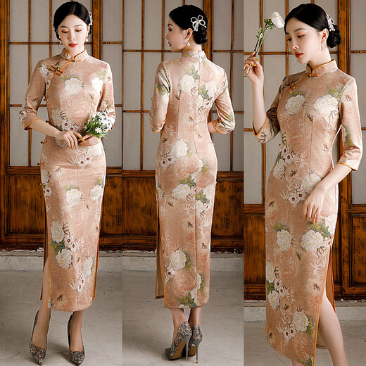 NUKM suede single layer long three-quarter sleeve daily cheongsam 2026 new improved spring and autumn Chinese style dress 6055 pink XL