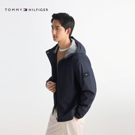 TOMMY HILFIGER25 new spring and summer men's windproof and waterproof casual sports trendy textured wear-resistant hooded jacket navy blue DW5 M (recommended 135-150Jin Jin equals 0.5kg)
