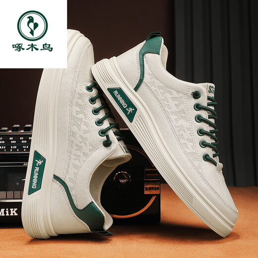 Woodpecker men's shoes 2025 new one-foot flat shoes for work men's casual and versatile soft sole leather sports little white trendy shoes Mi green 40