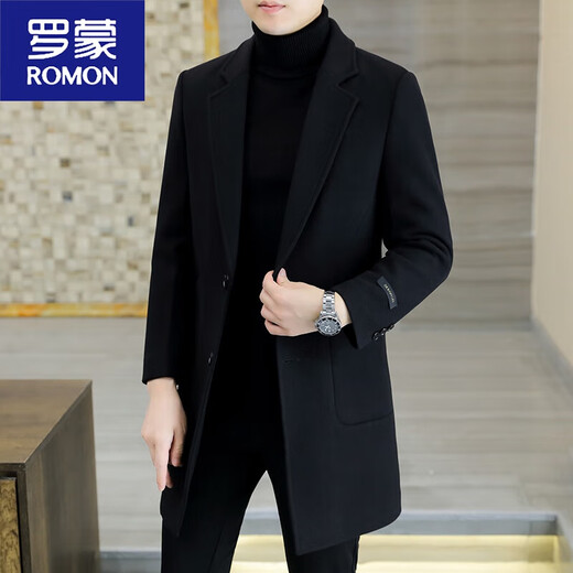 ROMON winter thickened woolen coat men's Korean style slim mid-length windbreaker youth casual woolen woolen coat trendy black plus cotton and thickening XL 125140Jin Jin equals 0.5 kg