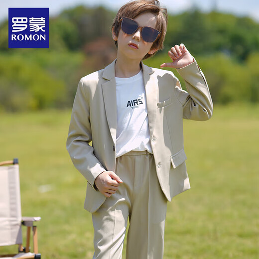 罗蒙男童英伦风礼服春秋款儿童休闲西装 米色 150