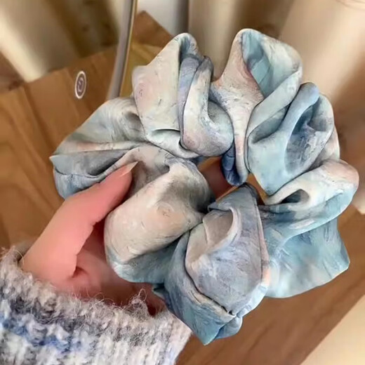
2024 new style gentle temperament mercerized satin large intestine circle for women French super fairy oil painting hair ring 3897-1-light blue oil painting satin hair ring