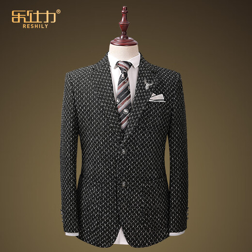 乐仕力羊毛西服外套男士休闲西装春秋痞帅潮流单西韩版修身花纹面料便西 黑灰网格 单西装 185/XXL/54（体重150-160斤）