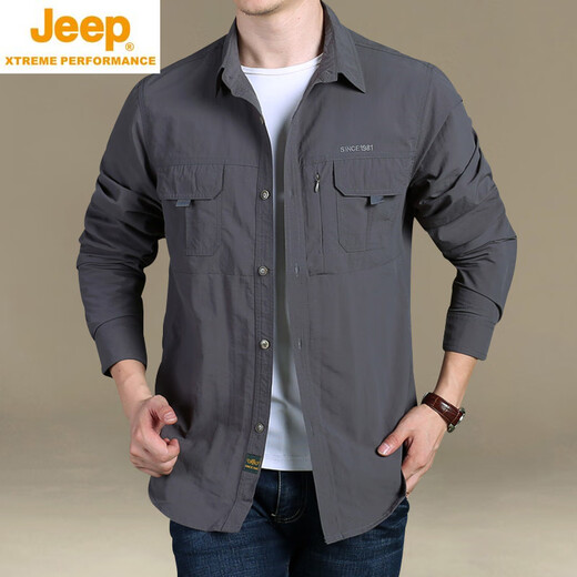 JEEP SPIRIT户外男装长袖衬衫春秋休闲时尚速干宽松大码男工装衬衣潮秋装上衣 1276黑色 M 体重125斤以下