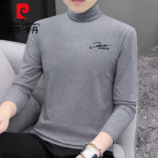 Pierre Cardin men's turtleneck bottoming shirt 2025 spring and autumn thickened cotton long-sleeved T-shirt slim mid-collar autumn top N013 carbon gray + N013 black L 175