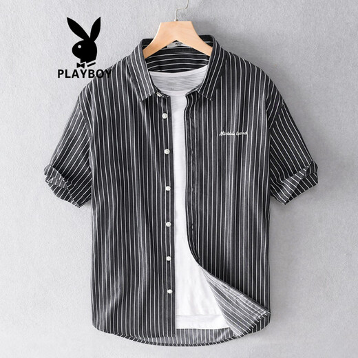 花花公子（PLAYBOY）夏季纯棉日系新款休闲短袖衬衫条纹免烫帅气男士衬衣服 9738黑条纹 3XL 160斤左右