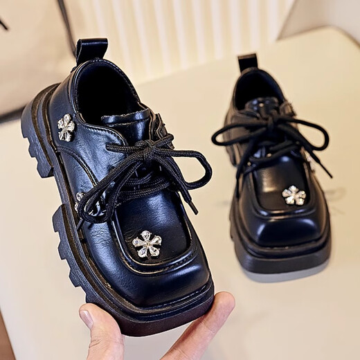 Sharp girls' leather shoes spring and autumn 2025 new children's princess loafers girls black soft sole performance shoes big children XC1608 black 26