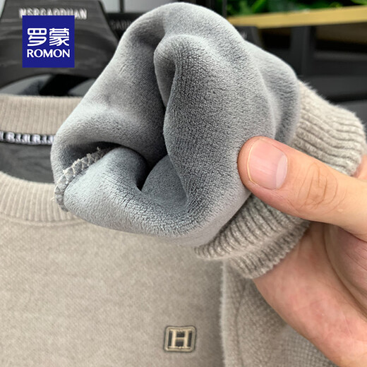 Luo Meng all-in-one velvet high-end round neck sweater men's autumn and winter velvet thickened warm base sweater clothes light gray L