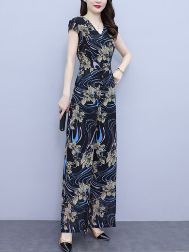 Hengyuanxiang chic and high-end floral chiffon jumpsuit suit for women summer 2024 new temperament wide-legged jumpsuit picture color S (recommended 85-94Jin [Jin equals 0.5kg])
