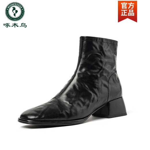 Specht bequeme Leder-Nacktstiefel Mode Slim Boots Frauen 2025 Herbst und Winter Neues weiches weiches Fersenquadrat-Toe Retro Short Stiefel Schwarz 38